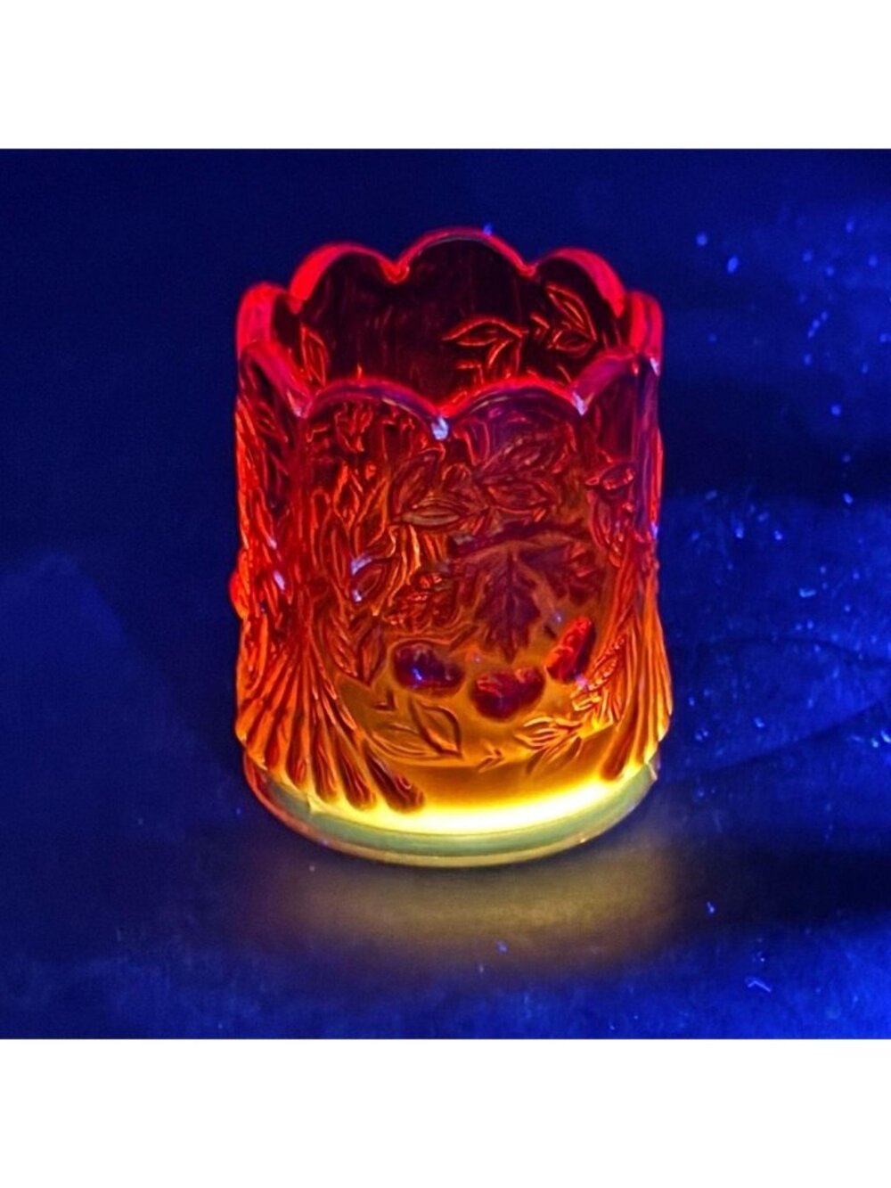 L.G. Wright Amberina Cherry Pattern Glass Toothpick Holder UV Glow